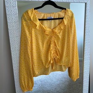 Express Yellow Satin Polka Dot Ruched Front Ruffle Neck Top, Size S